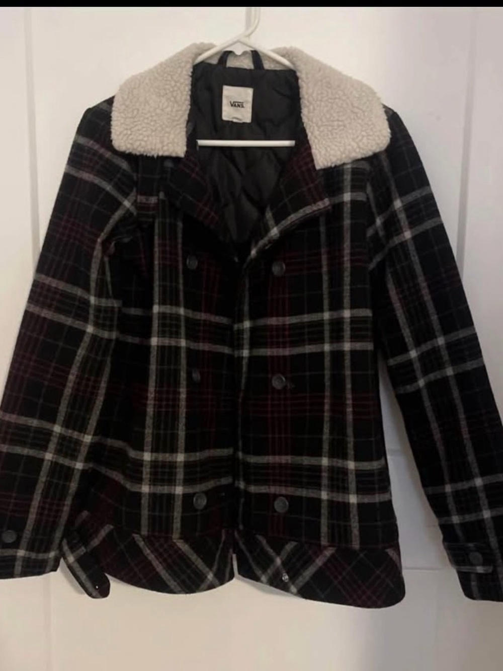 Vans Black and Cream Plaid Sherpa Collar Peacoat